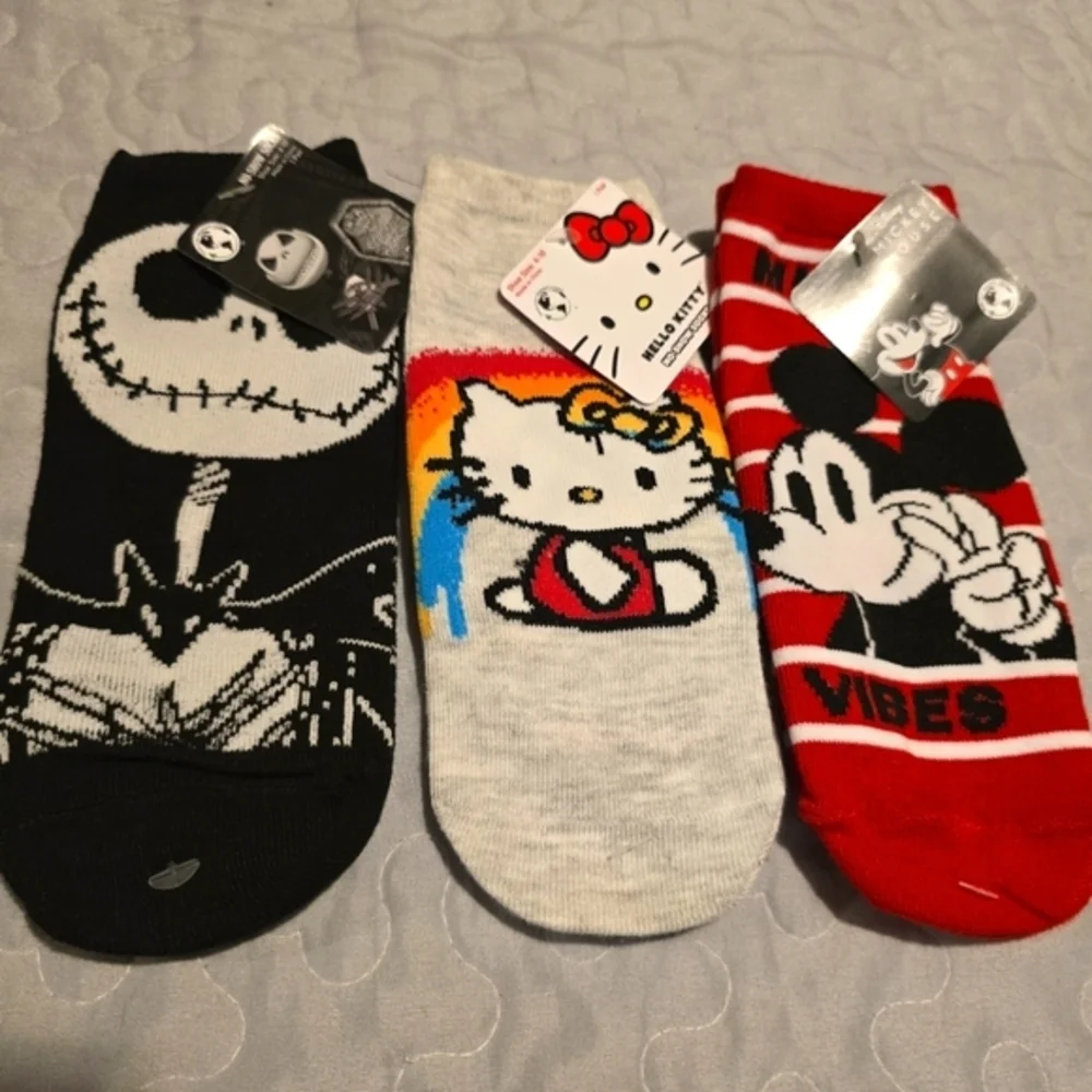 Disney Hello Kitty Mickey Mouse Jack Skellington‎ Womens No Show Socks NWT 4-10